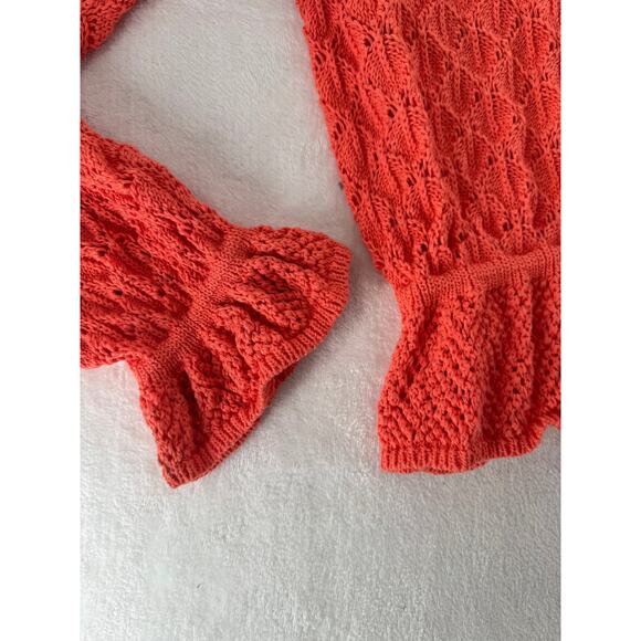 Anthropologie Flounce Hem Pointelle Sweater Orange Coral Knit Lace Sweater M - Picture 6 of 11
